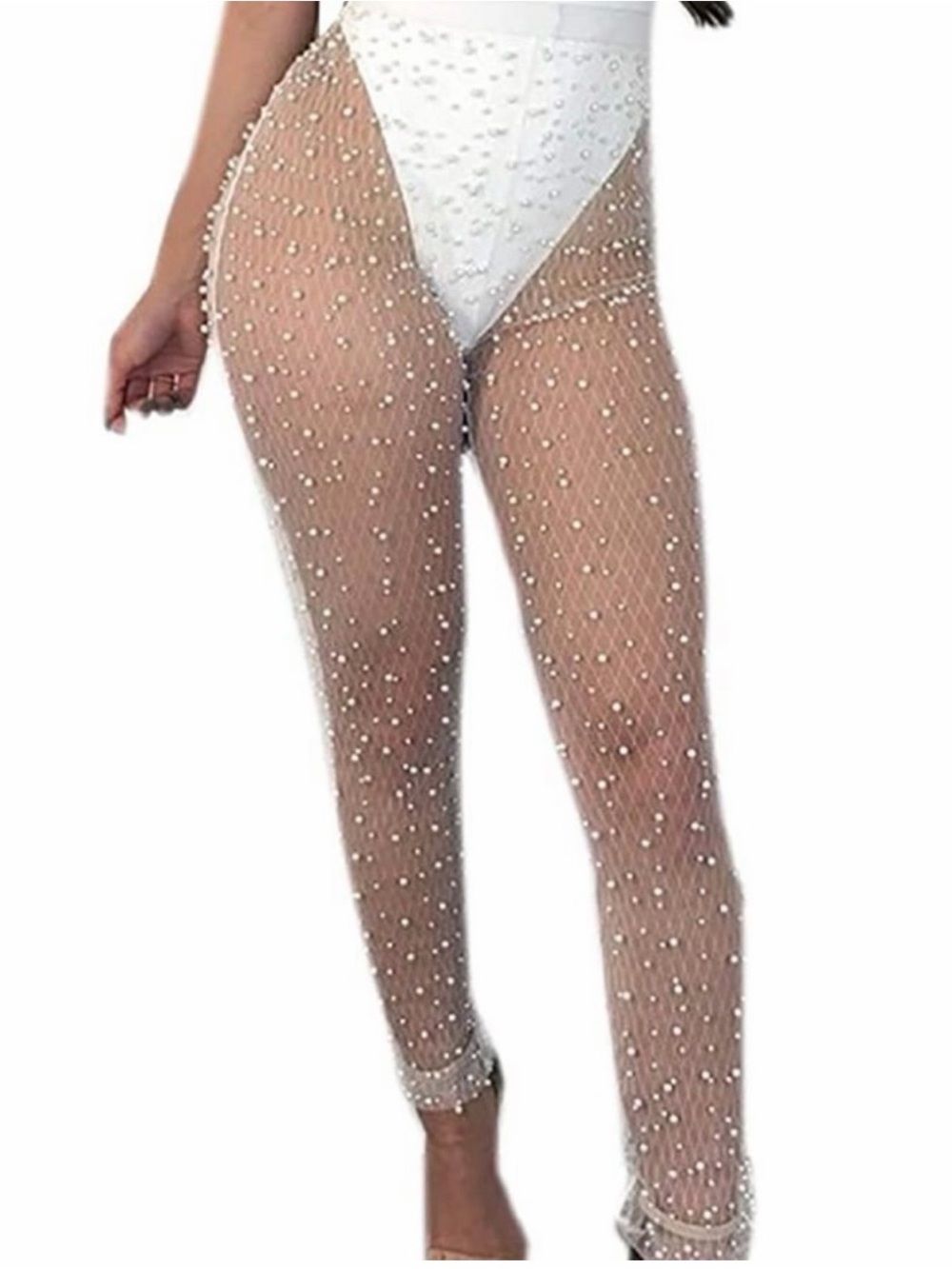 Sheer Pearl-Embellished Fishnet Pants - White Bachelorette Bridal size Medium